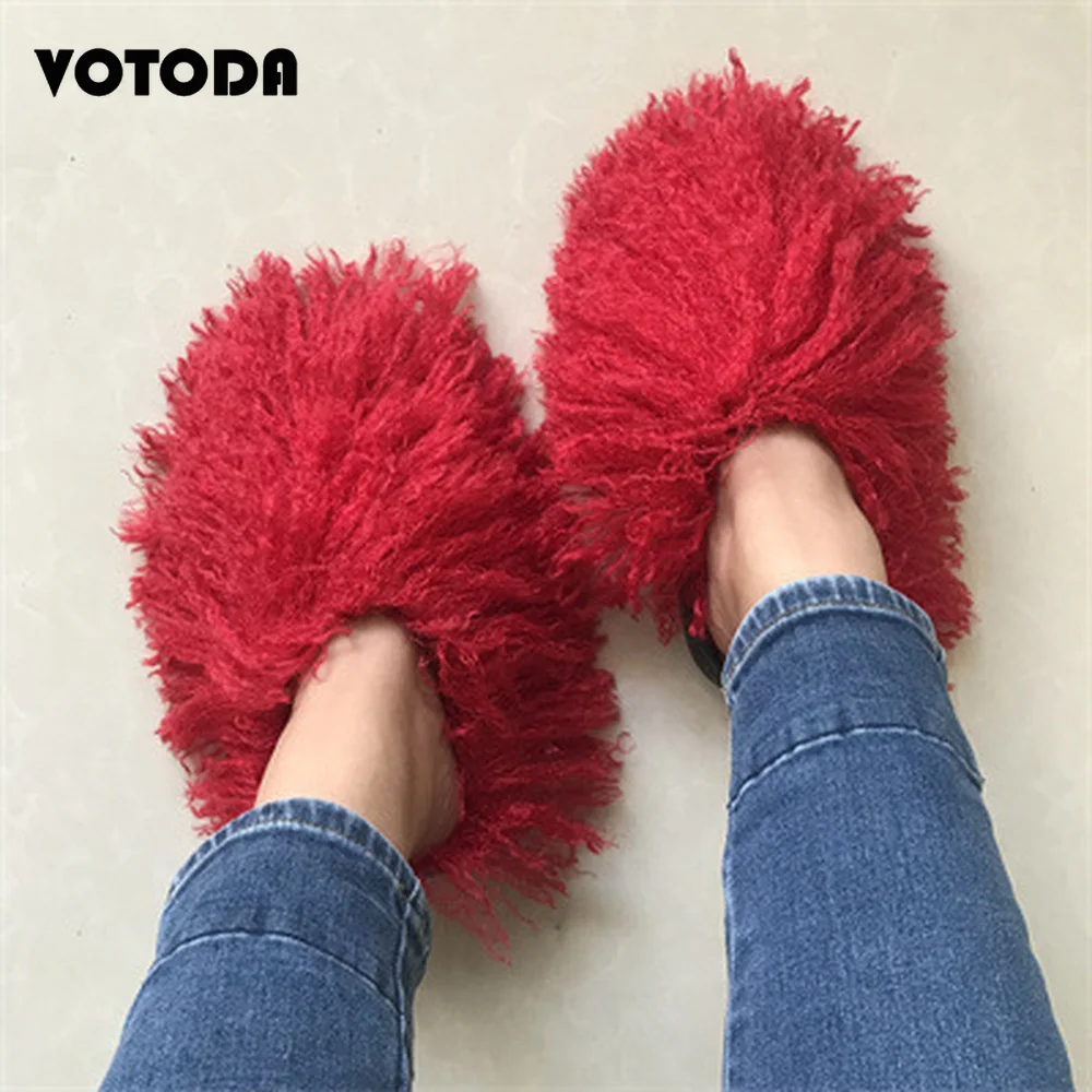 Luxury Mongolian Fur Slippers Women Winter Long Wool Snow Boots Warm Flat Non-slip Home Teddy Fur Slide Ladies Cute Cotton Shoes