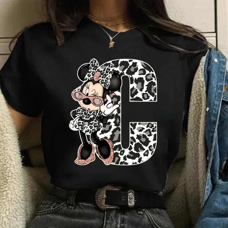 Забавная женская футболка Kawaii с милым принтом мыши черная буквенным шрифт A B C D E O