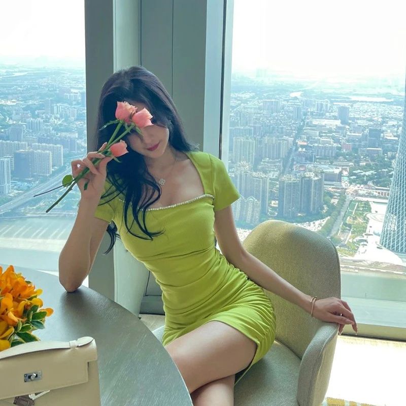 

2022 New Korean Fashion Diamonds Open Waist Bow Knitted Female Dress Sexy Bodycon Party Club Mini Dress Ropa Mujer