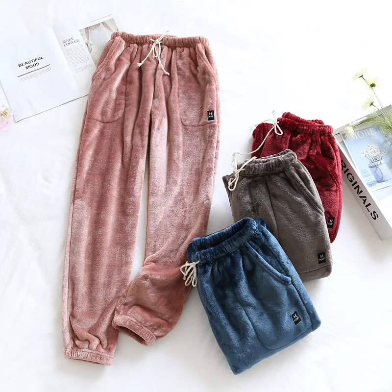 

Зимние теплые фланелевые брюки для сна, женские и мужские длинные брюки, коралловые бархатные теплые брюки для сна для влюбленных, женские в...