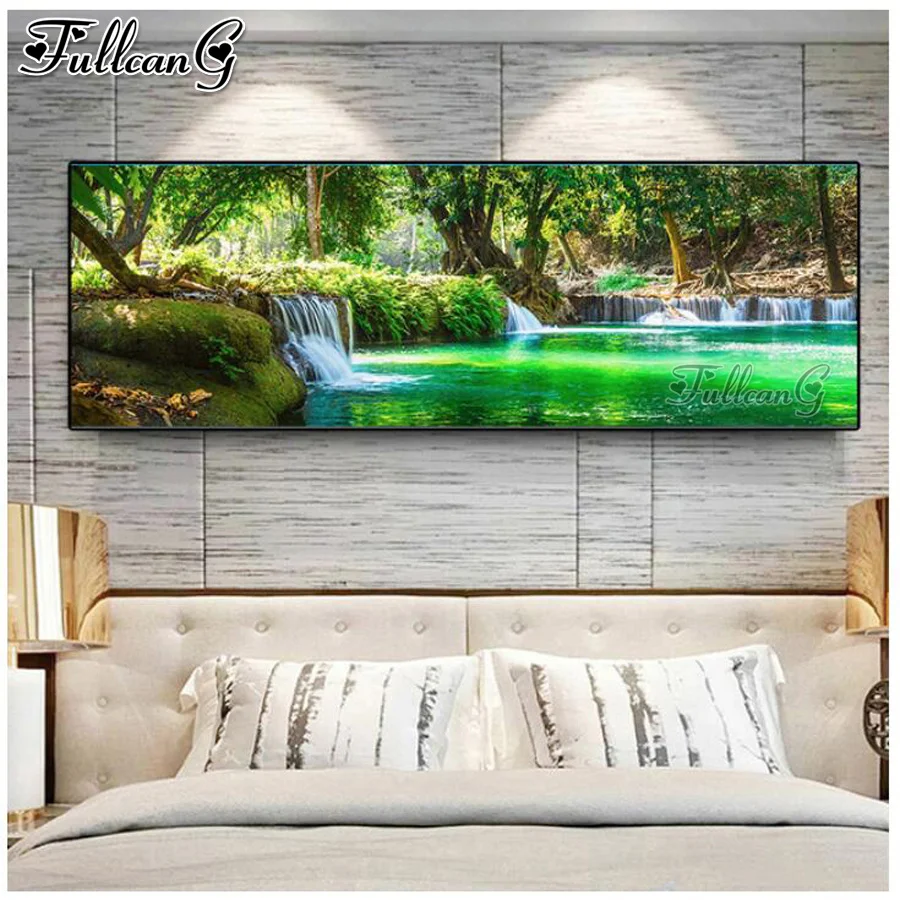 

FULLCANG Landscape Green Tree Lake large 5d diy diamond painting mosaic rhinestone embroidery natural scenery waterfall FG1048