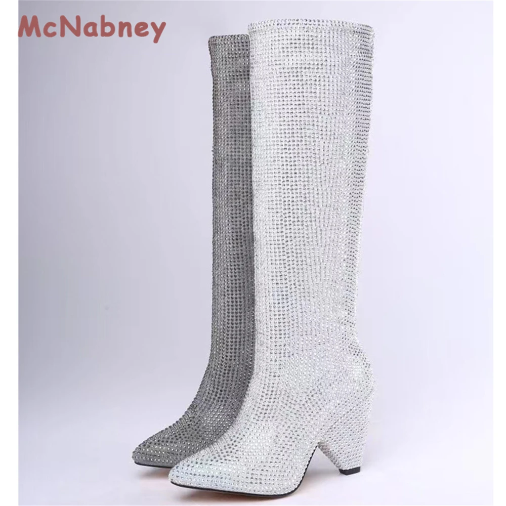 Ladies Pointed Toe Tapered Wedge Slip-On Heel Boots Luxury Rhinestone Sparkling Fashion Party Dress Women Knee Long Boots