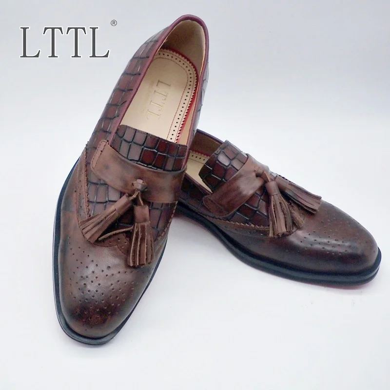 

British Style Distressed Brown Tassel Men Shoes Fashion Genuine Leather Crocodile Pattern Loafers Business Casual Shoes