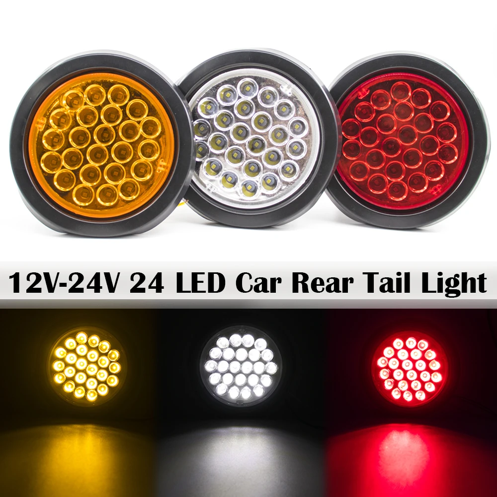 2x 12/24V 24 LED Car Rear Tail Light Brake Stop Side Marker Warning Indicator Truck Trailer Round Reflector ATV Red Yellow White