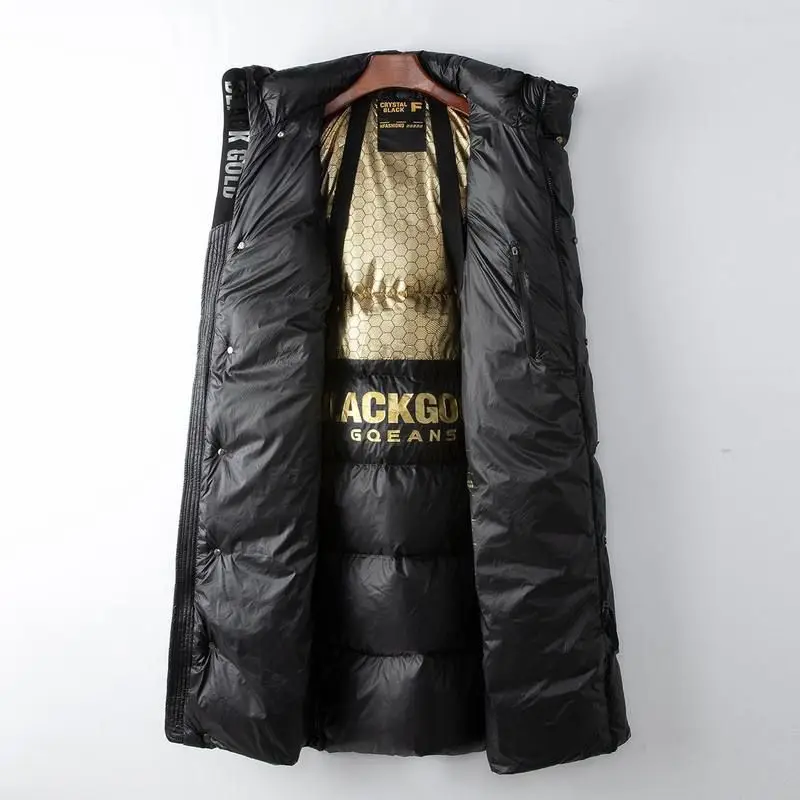 Y Высококлассный бутик Haining черный золотой длинный пуховик с капюшоном зима 2024 90