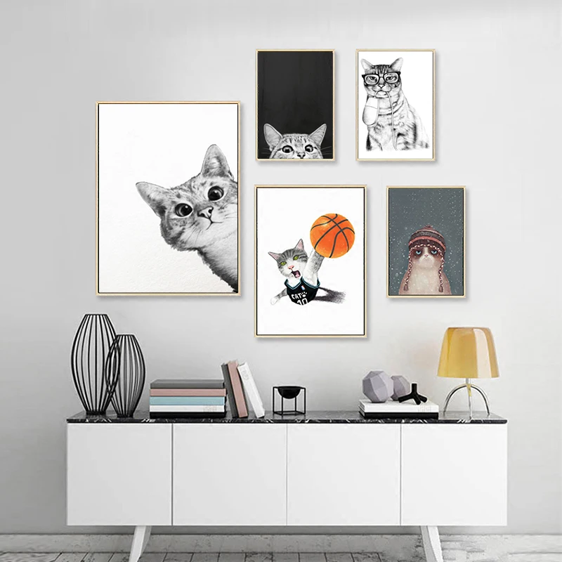 

Nursery Room Decor Wall Pictures for Children's Room Cartoon Cute Pet Cat Playing Basketball Posters &Prints Canvas Art Painting