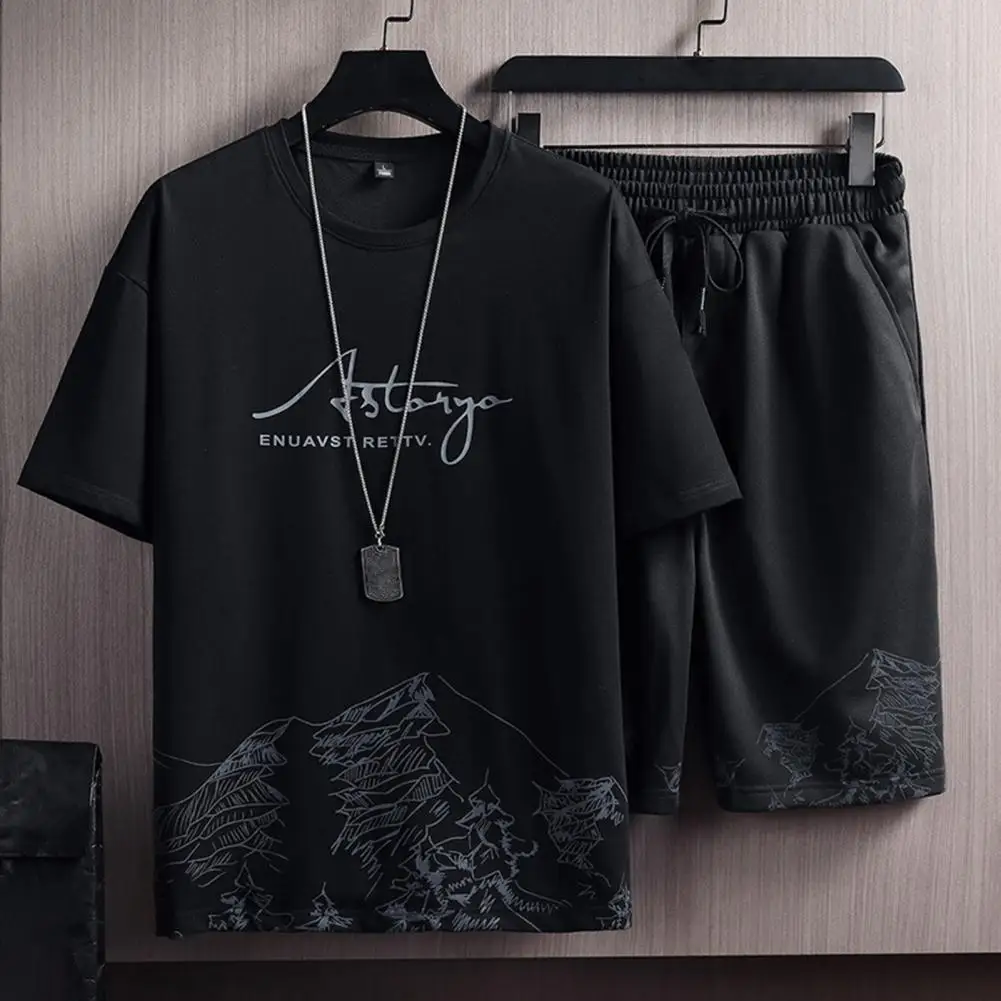 

Fashion Elastic Waistband Mid-rise Male Casual T-shirt Shorts Activewear Quick Drying Sportswear Suit Daily Garment