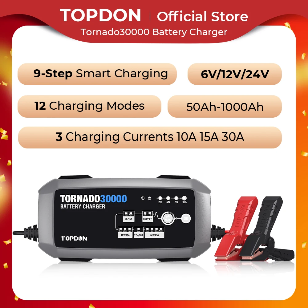 TOPDON T30000 6/12/24V Car Battery Charger Automatic Power Puls Repair For Car/Motorcycle/Boat/Truck/ATV Lead Acid Li Battery