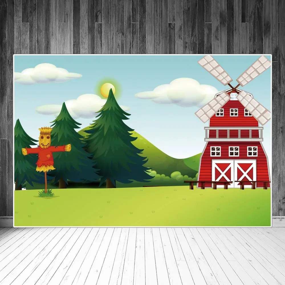 

Cartoon Farm Red Barn Windmill Backdrops Photography Decoration Scarecrow Green Grassland Trees Custom Baby Photozone Background