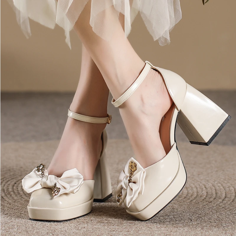 White Platform Heels Women Chunky Heel Mary Jane Sandals Summer 2023 New Bow Elegant Heeled Pumps Buckle Women' Wedding Shoes