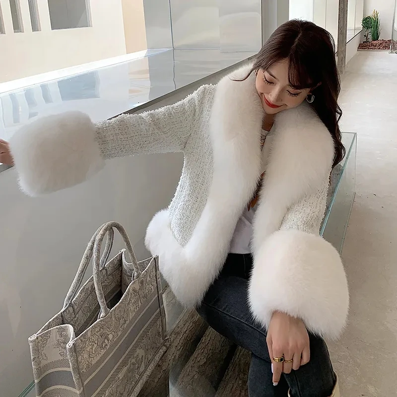 2022 Autumn Winter New Fashion Fox Fur Faux Fur Coat Women's Short Tweed Slim Fit Thin And Thick Warm Temperament Coats Female