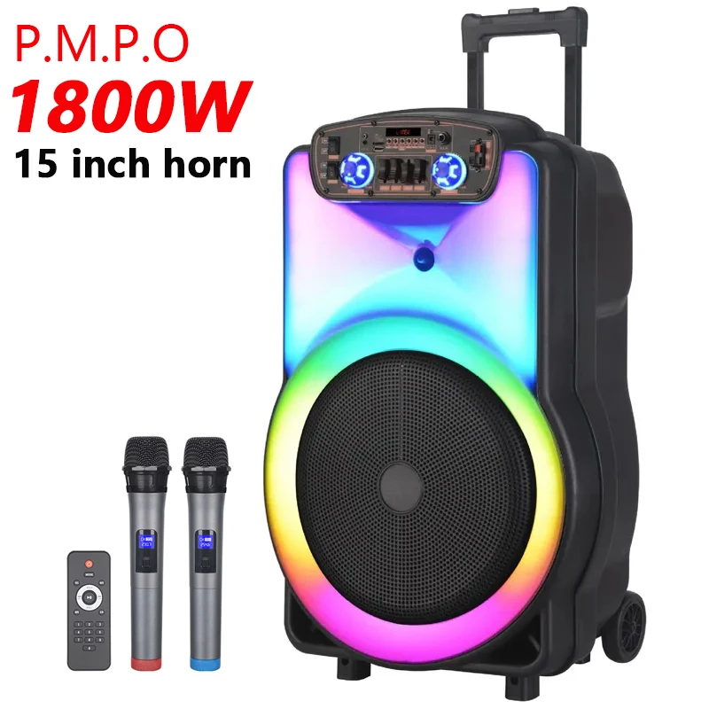 

LED Trolley Party Box Peak Power 1800W 15 Inch Outdoor Portable Bluetooth Speaker Subwoofer Karaoke Audio FM Radio TF with Mic