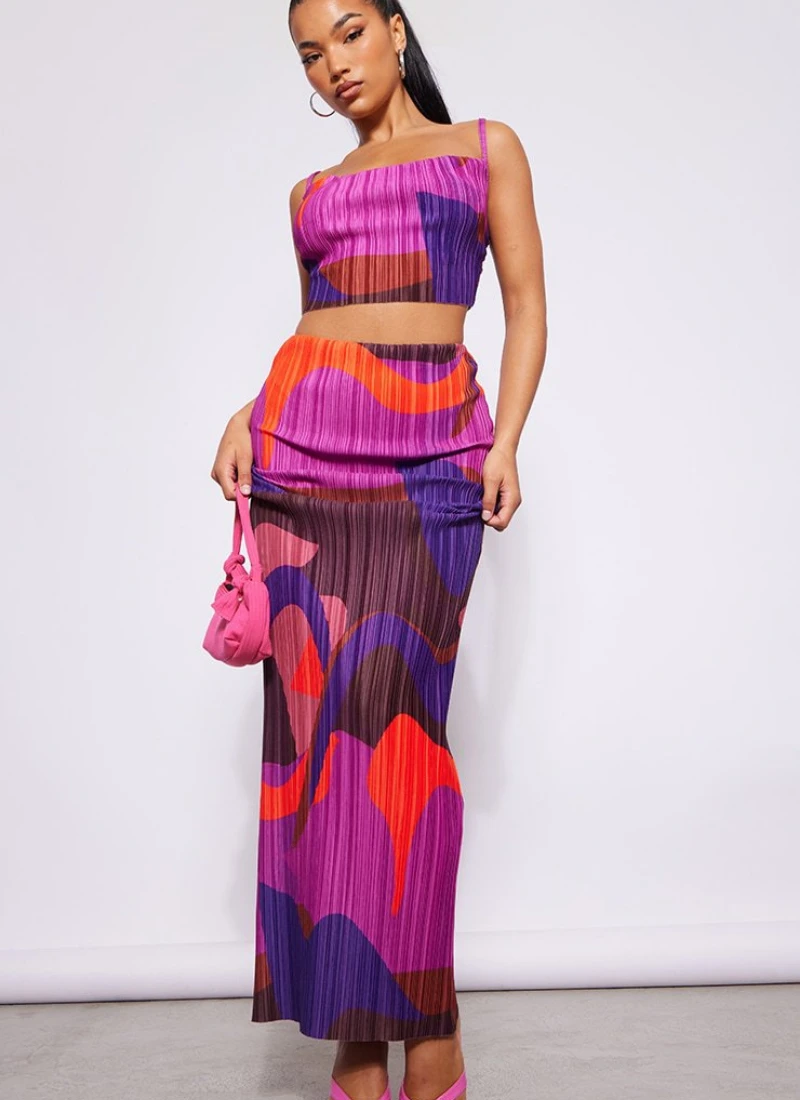 

Purple Printed Pleated Sling Top and Skirt Sets Sleeveless Crop Tops Wrap Hip Long Skirts Suit 2023 Summer Chic Party Women Set