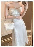 high quality dress 2022 new white shell pearl satin lace patchwork womens summer dress with halter straps