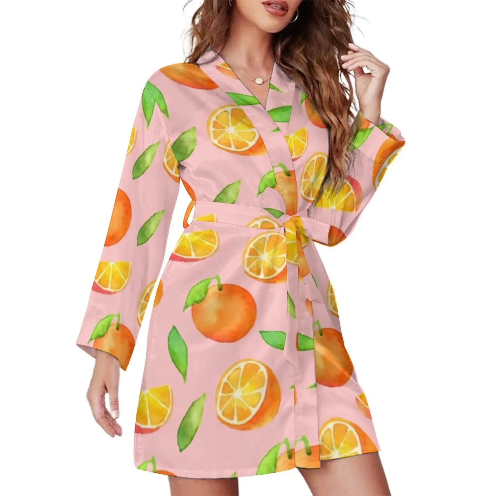 

Watercolor Oranges Pajama Robe V Neck Fresh Fruit Print Nightgown Women Long-Sleeve Kawaii Pajamas Robes Daily Aesthetic Dresses
