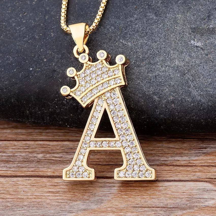 

New Luxury Copper Zircon A-Z Crown Alphabet Pendant Chain Necklace Punk Hip-Hop Style Fashion Woman Man Initial Name Jewelry