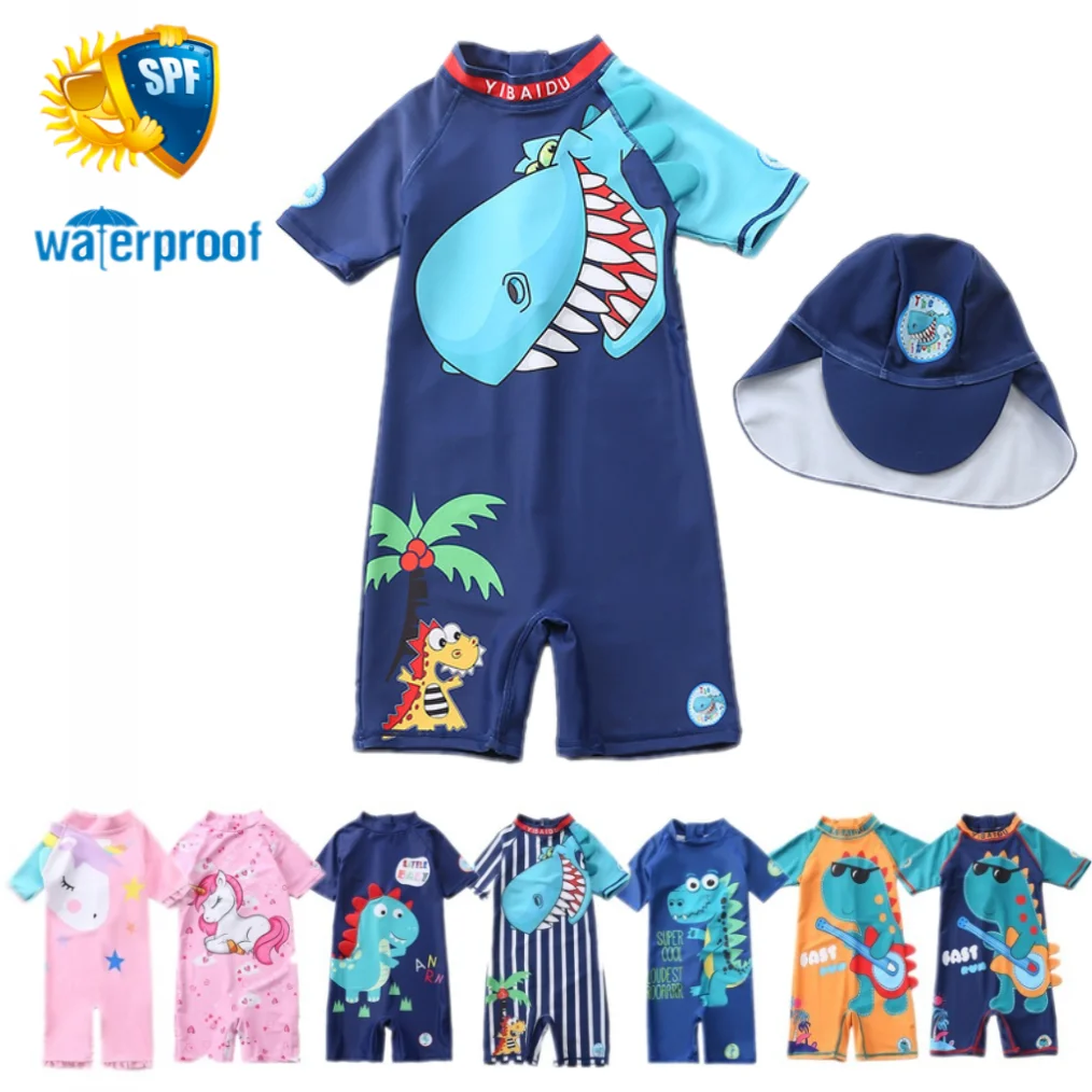 

Boys Girls Swimwear UV Sun Protect with Hat 2PCS Set Dinosaur Toddlers Kids Swimwear Baby Children Beach Wear Bathing Suits