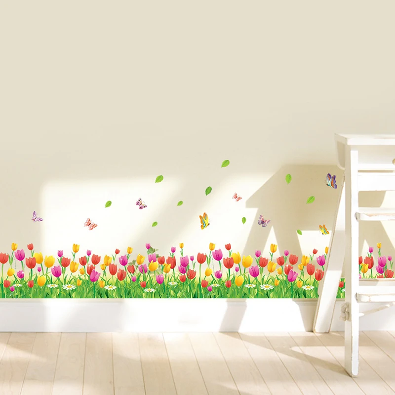 

Tulip Border Line Living Room Bedroom Decorative Wall Sticker Self Stick Grass Butterflies Decal Home Baseboard Art Wall Sticker