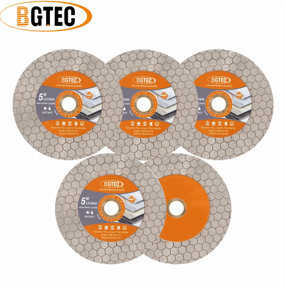 

BGTEC 5pcs 5"/125mm Diamond Cutting Grinding Disc Double-sided Hex Blade Cutter Milling Plate For Porcelain Marble Granite Tile