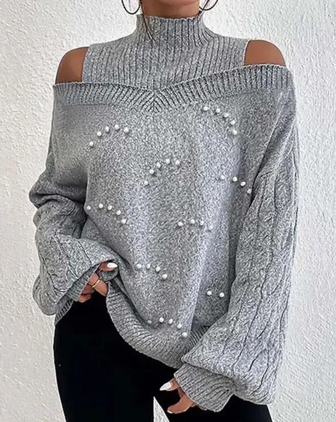 

Women's Casual Beaded Decor Top New Autumn Woman Cold Shoulder Lantern Sleeve Loose Sweater