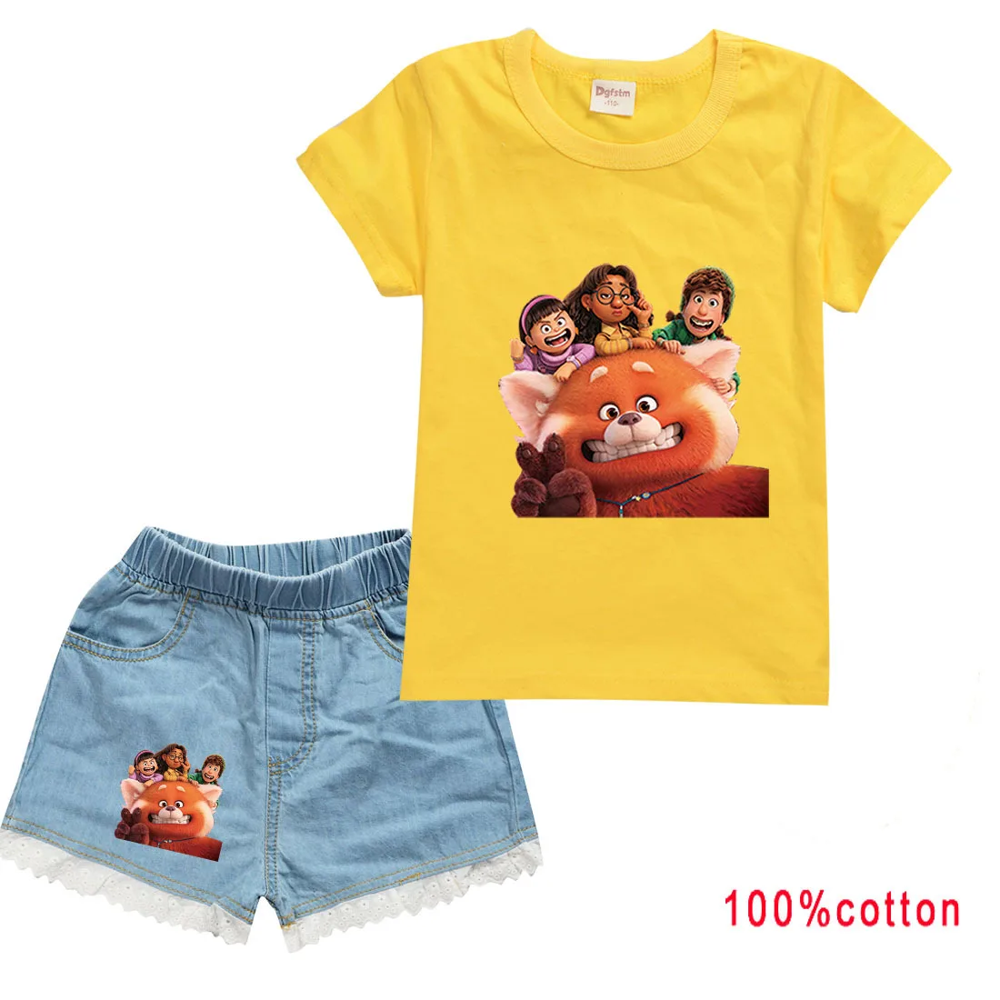 

2022 New Disney Turning Red Casual Toddler Summer Girls Sportswear Short Sleeve T-Shirt + Washed Jeans 2-15Y