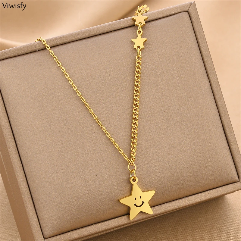

Viwisfy Titanium Steel Chain Retention Gold Color Smile Star Pendant Necklace For Women New Jewelry Trendy VW23015