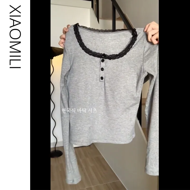 Серая кружевная нижняя рубашка Dralon женская осенне-зимняя футболка с длинными