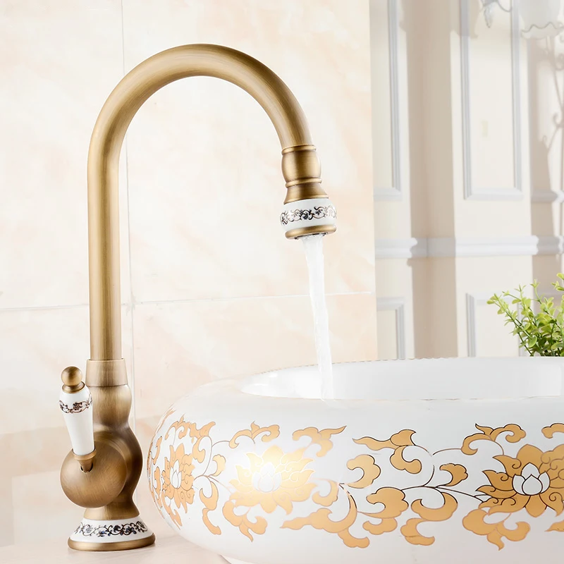 

Basin Faucets Antique Brass Deck Mounted Bathroom Sink Faucet Single Handle Hole High Arc Hot Cold Mixer Water WC Taps Kitchen