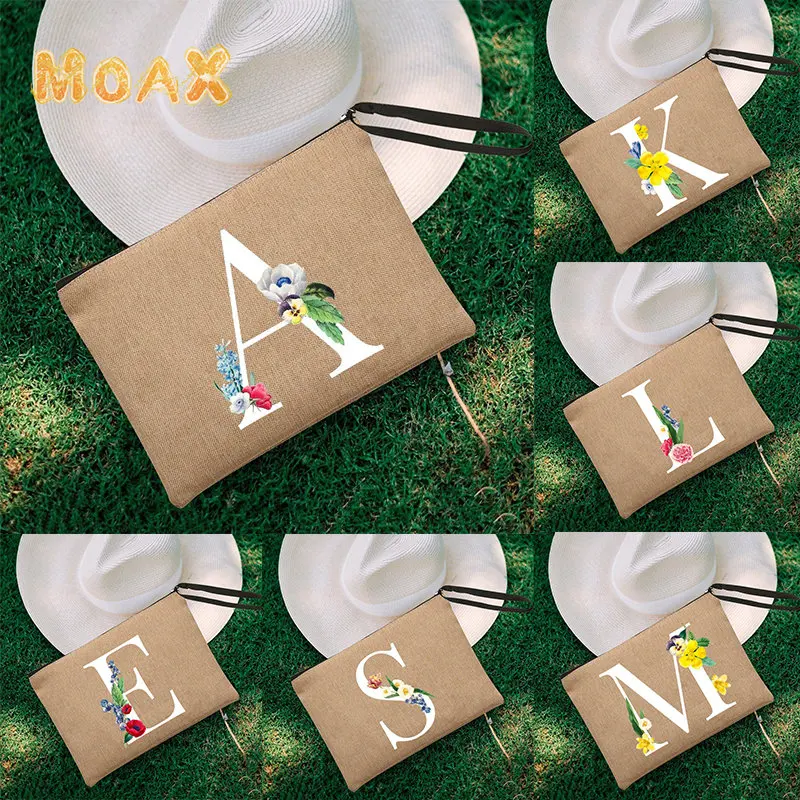 

Letters Initial Custom Name Cosmetic Bags Women Neceser Make Up Bag Linen Zipper Pouch High Capacity Travel Organizer Cases