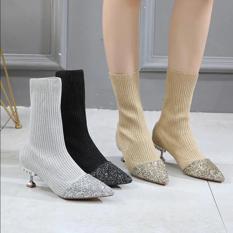 Womens Sequins Rhinestones Crystal Diamond Stitching Knitting Yarn Ankle Boots Socks Shoes Pointed Toe Stilettos Heel Botas