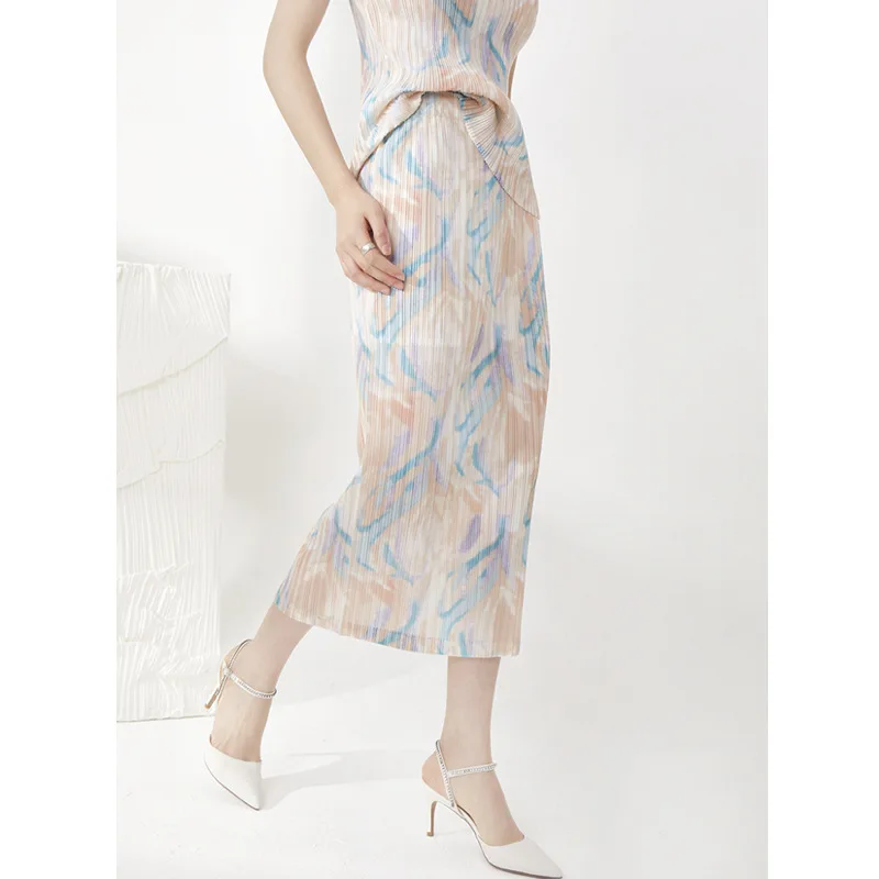 Miyake pleated side slit printed skirt summer new high waist drape all-match straight long hip skirt