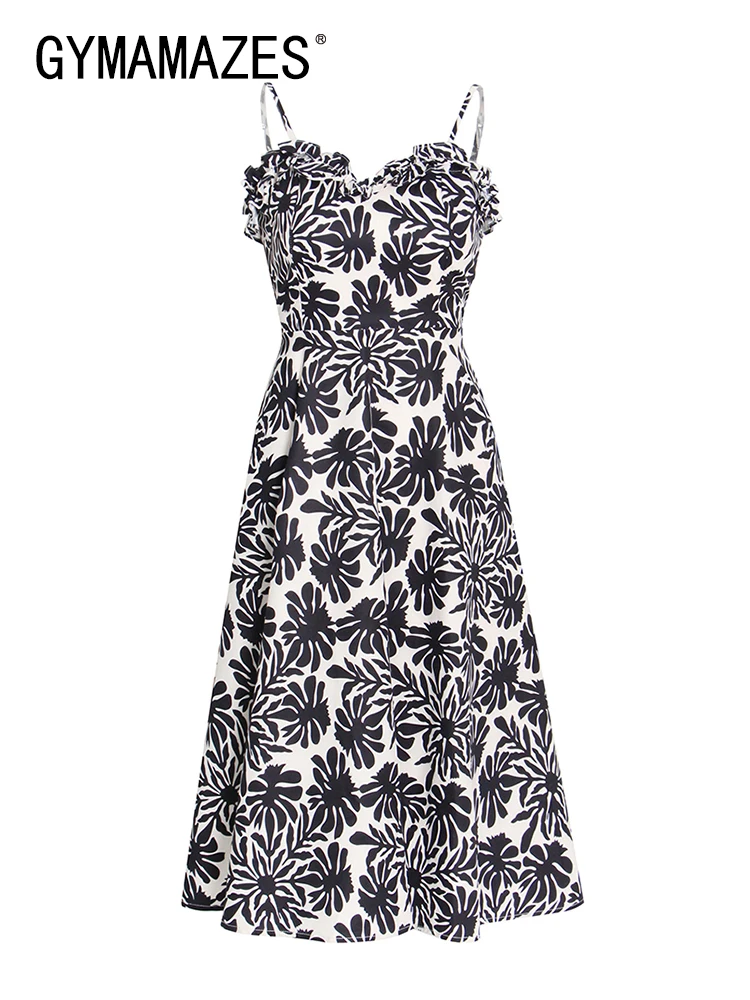 

GYMAMAZES Print Colorblock Long Dress For Women Square Collar Sleeveless High Waist Midi Dresses Female Summer Clothing 2022 New