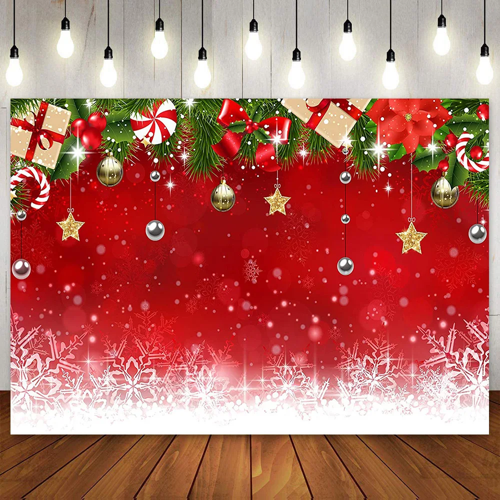 Red White Snowflake Christmas Backdrop for Kids Family Party Decoration Xmas Ball Photography Background New Year Eve Photoshoot