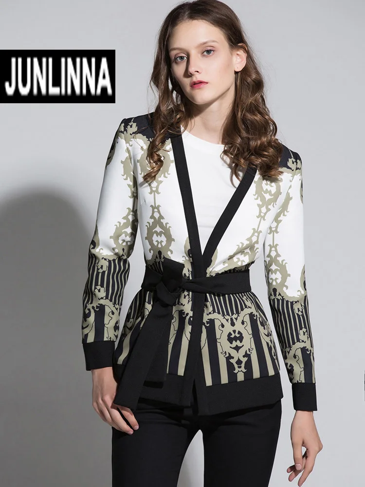 

JUNLINNA осенне-зимние женские модные кардиганы с принтом, куртки, уличная одежда, трендовые пальто с поясом на талии