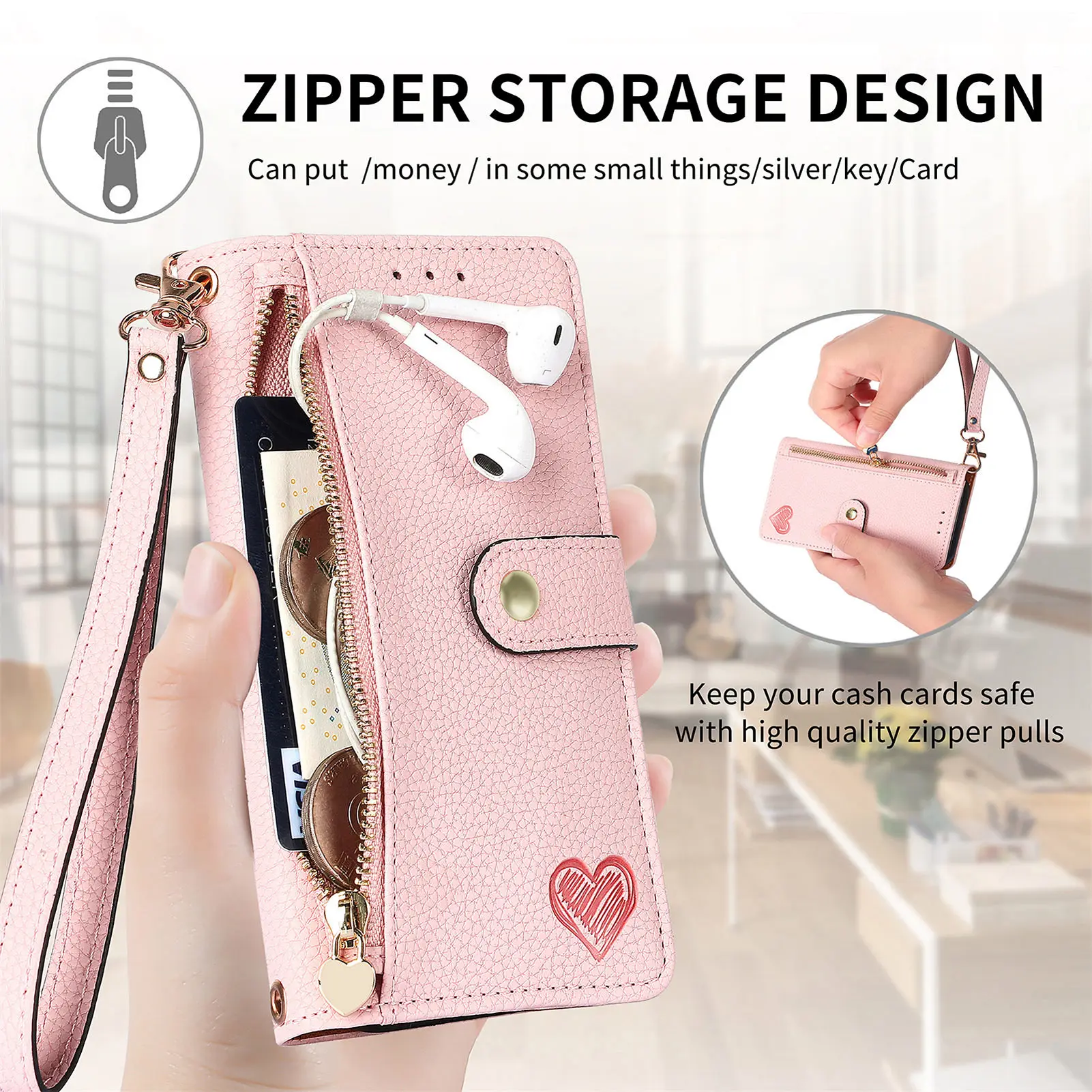 Wallet Leather Flip Case for Samsung Galaxy A43 A34 A54 A14 A13 A24 F14 M14 M54 A53 A73 A33 A52 A72 Love Heart Zipper Bag Cover