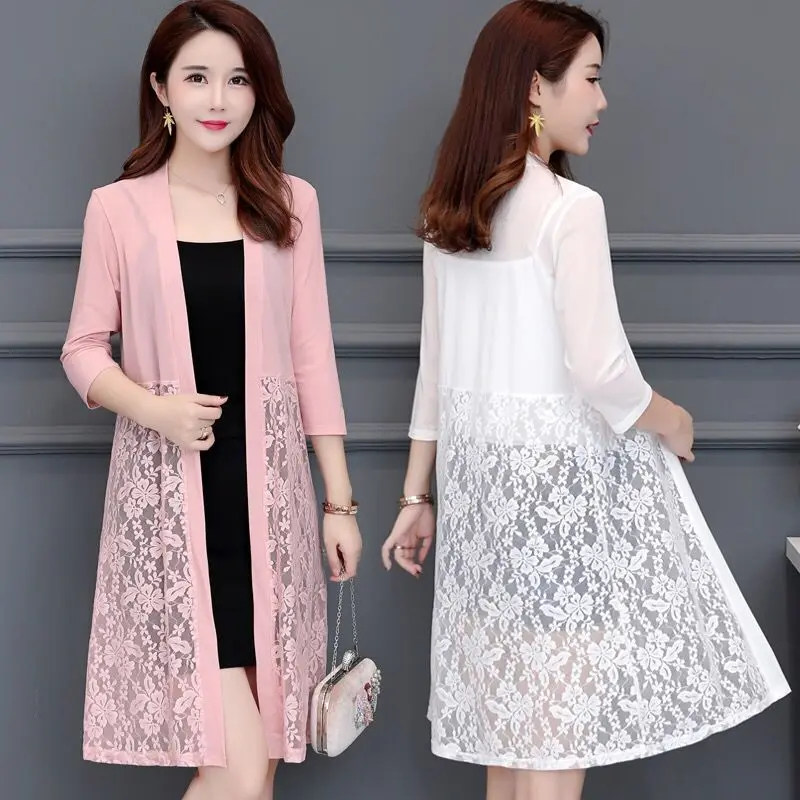

5XL Summer Lace Cardigan Women Long Mesh Sunscreen Jacket Casual Pink Black Red White Long-sleeve Thin Coat Y948