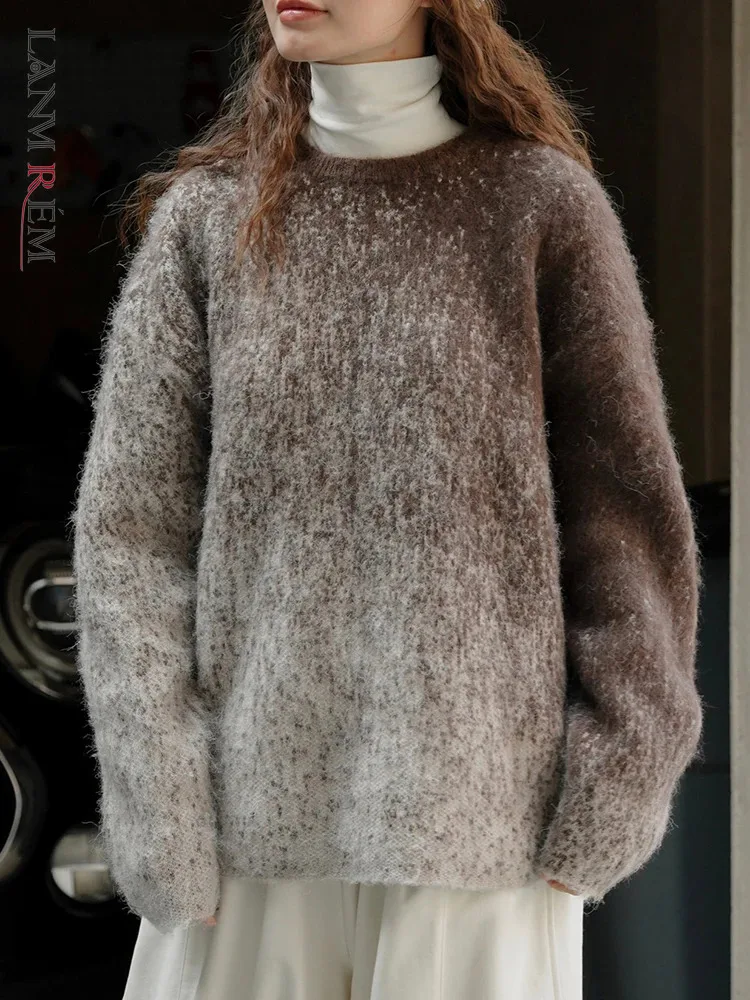 

LANMREM теплый шерстяной вязаный свитер с градиентом, женский модный Свободный пуловер с круглым вырезом, повседневный 2023, зимняя новая одежда 2AA3885