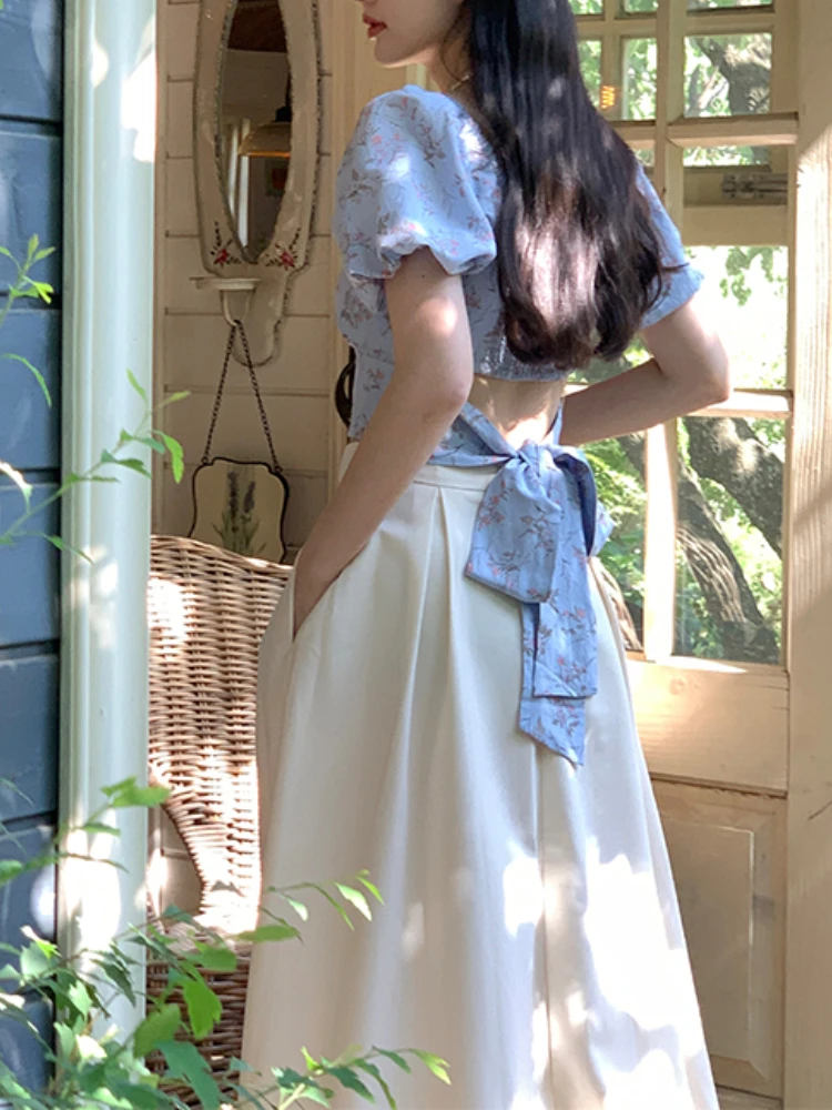 

Summer Floral Sweet Two Piece Sets Women Casual Backless Sexy Skirt Sets Female Designer Ruffle Flounce Elegant Party Sets 2022