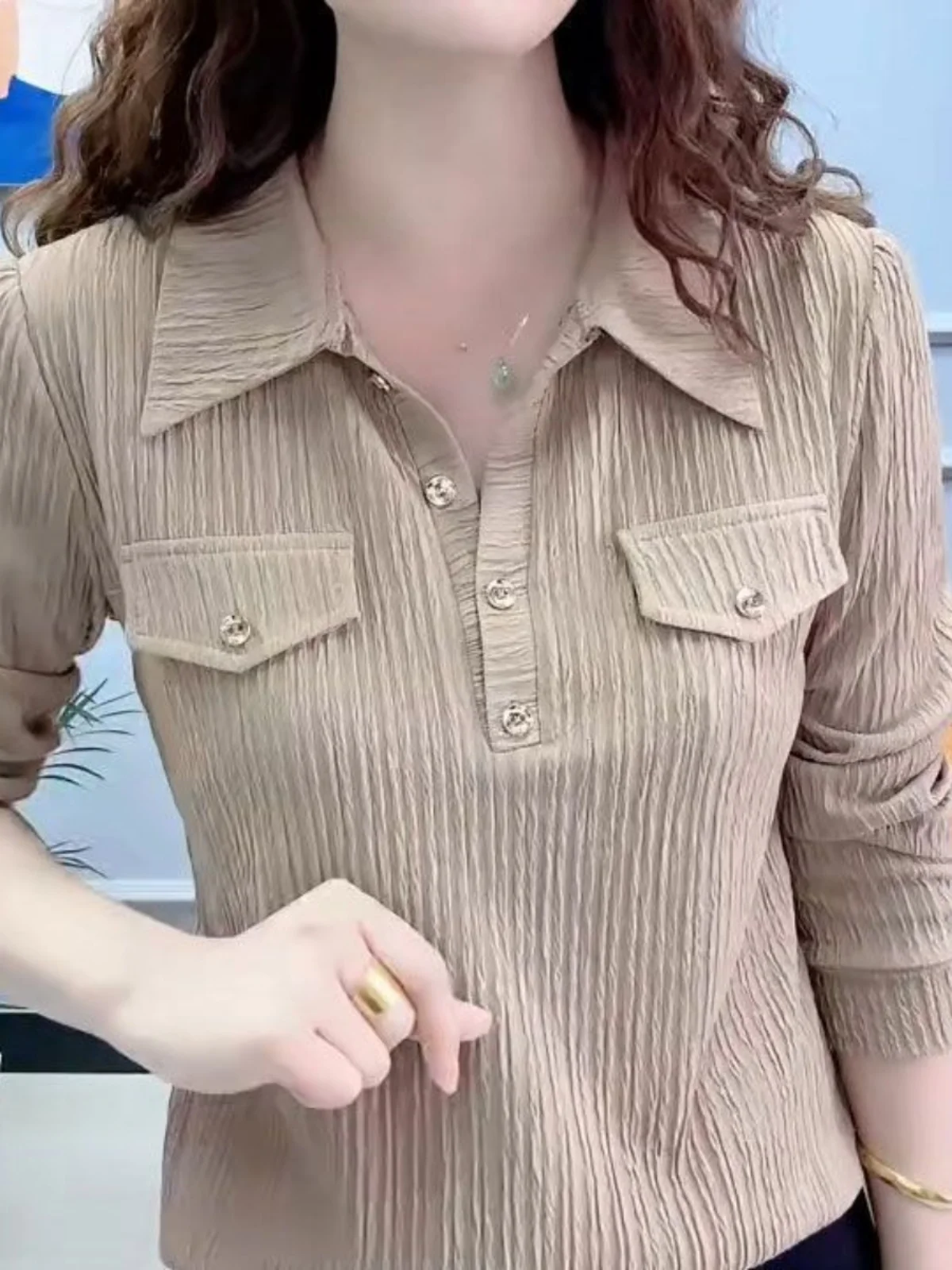 Элегантная универсальная однотонная рубашка с воротником-поло больших размеров