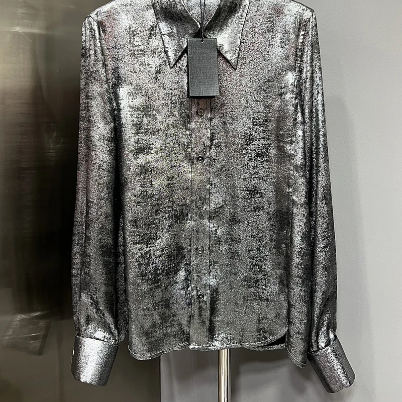 

Женская однобортная блузка, свободная подиумная однотонная блузка серебристого цвета с лацканами, Y2K, Осень-зима 2023