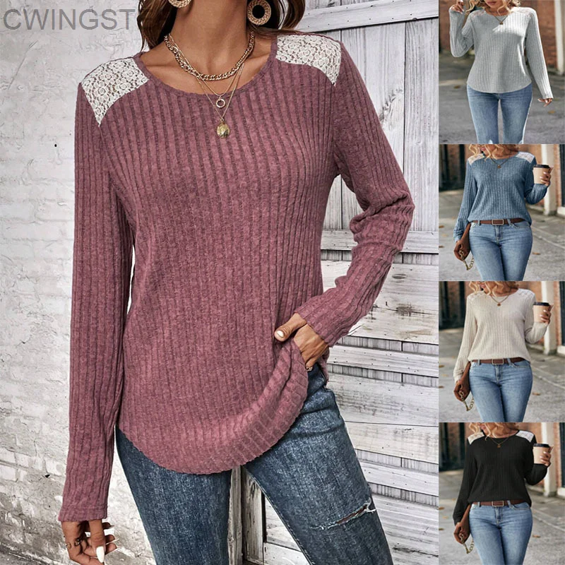 

Women's Clothing 2023 Sexy Lace Patchwork Ribbed Basic All Match T-shirts Fall Winter Fashion Elegant Long Sleeve Pullover Tops