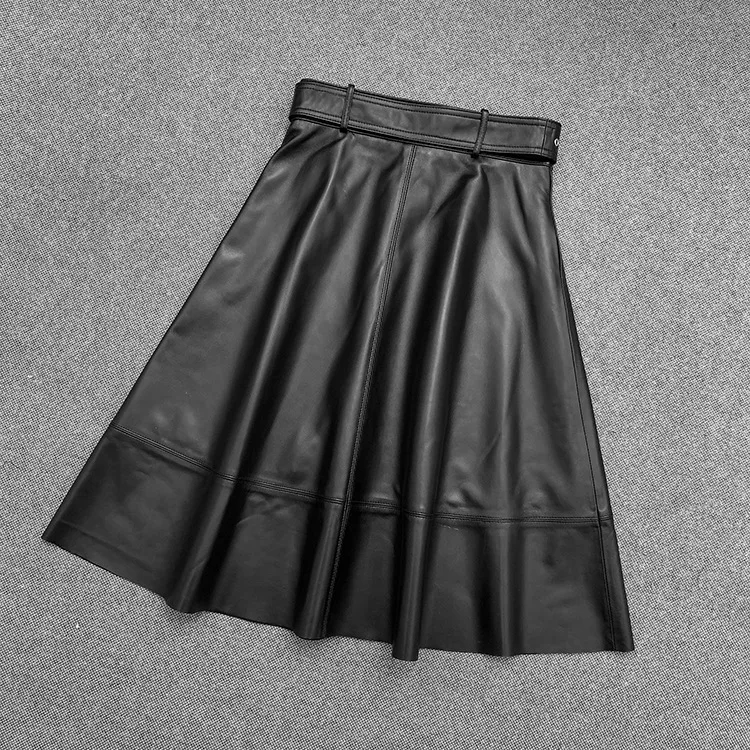 2022 Spring and Autumn New Sheepskin High Waist Belt Fashion A-Line Ladies Skirt E14