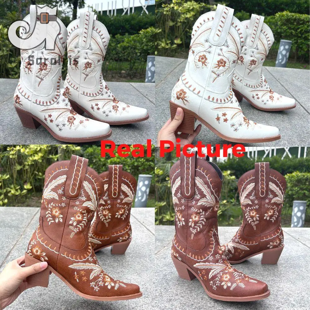 Hot Autumn Winter 2023 Hot Fashion Embroidery Western Boots Pointed Toe Comfort Thick Heels Vintage Ladies Women Cowboy Boots