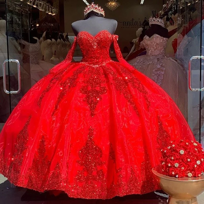 

Red Quinceanera Dresses Ball Gown Long Sleeves Tulle Appliques Puffy Mexican Sweet 16 Dresses 15 Anos
