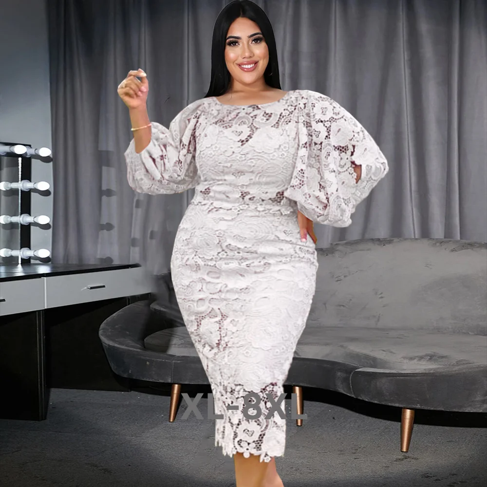 

Plus Size Women Dress Lace Hollow Out Elegant Dress Lantern Sleeve Evening Party Robe Fall Lady Fashion 3xl 4xl 5xl 6xl