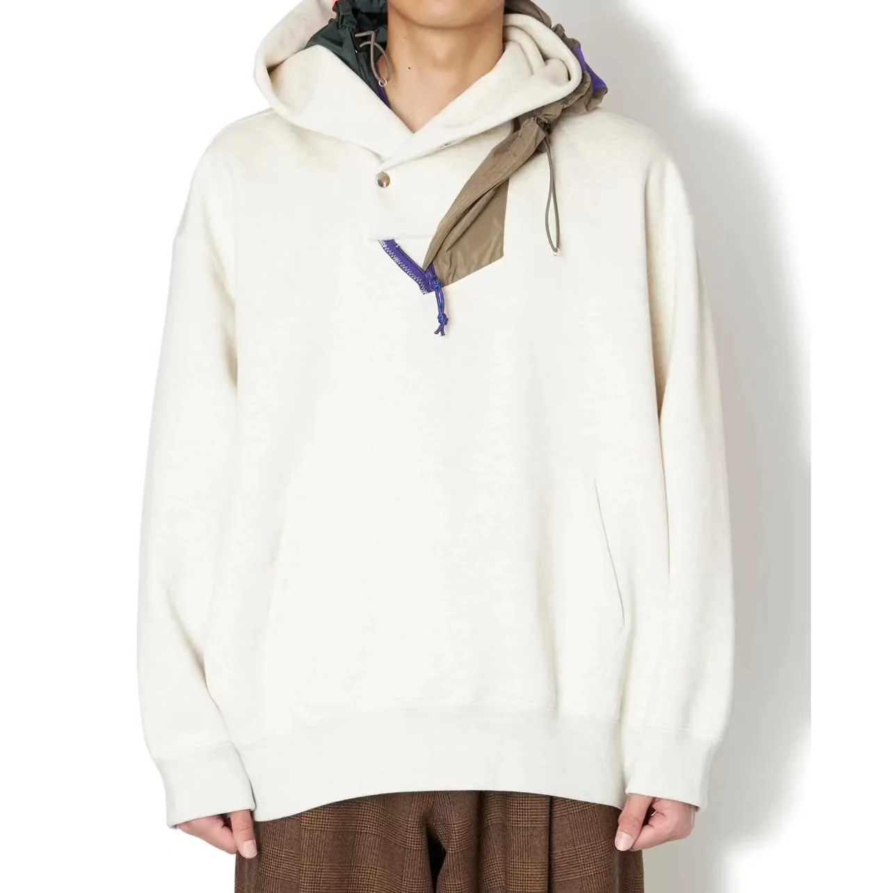 

22AW KOLOR Abe Runyi Tricolor Cotton Japan Nylon Patchwork Irregular Hooded Loose Sweatshirts Splicing Men and Women Pullover