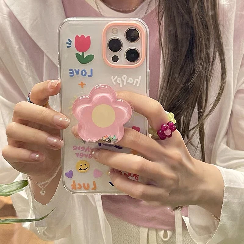 

Korean Cute Flower 3D Quicksand Bracket Phone Case For iPhone 11 12 13 Pro XS Max Mini X XR 7 8 Plus SE Soft Silicone Back Cover