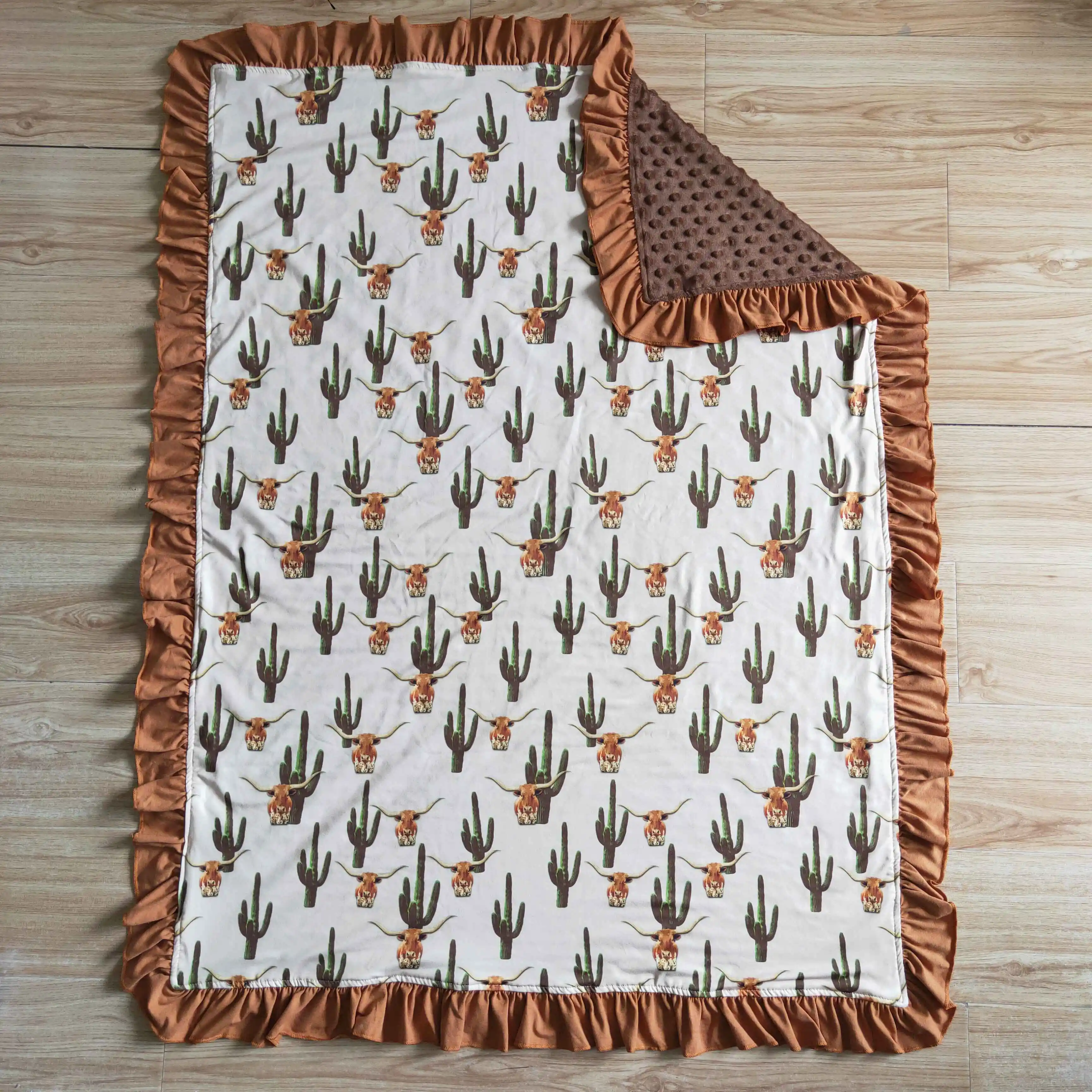 2022 Wholesale Baby Blankets Brown Ruffles Heifer Cactus Print Boutique Girls Kids Western Design 29*43 inches Blanket