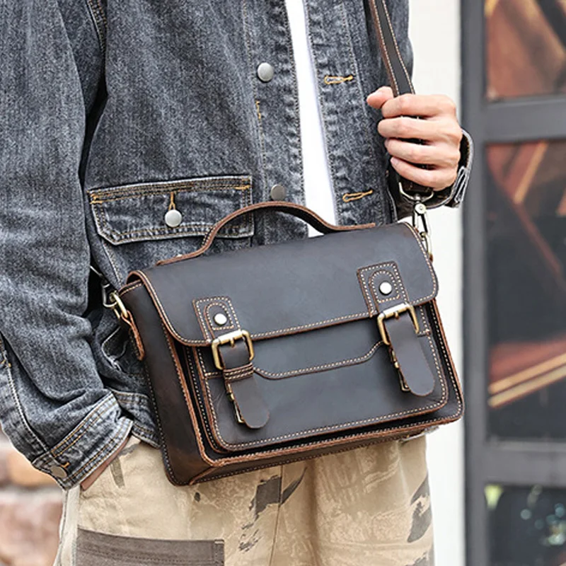 Men's small square bag Crazy horse leather casual retro one shoulder bag men's leather crossbody bag men's retro messenger bag