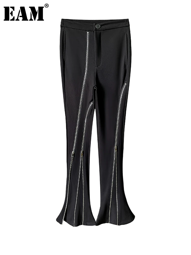 

[EAM] High Waist Black Zipper Irregular Long Flare Trousers New Loose Fit Pants Women Fashion Tide Spring Autumn 2022 1DE6968